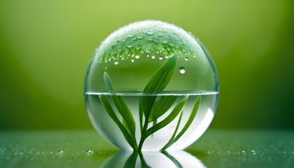 A glass sphere filled with water, reflecting a green plant and surrounded by water droplets on a blurred green background
