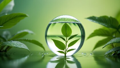 A glass sphere filled with water, reflecting a green plant and surrounded by water droplets on a blurred green background
