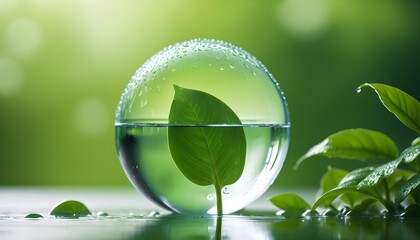 A glass sphere filled with water, reflecting a green plant and surrounded by water droplets on a blurred green background