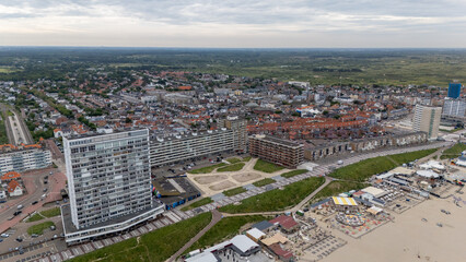 Fototapeta premium Aerial drone photo of the beach, boulevard and restaurants in the coastal town named Zandvoort in the Netherlands. 