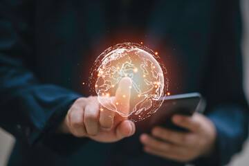 global network connections, innovative technology in science and communication concept, Earth in human hands. earth day. energy saving.