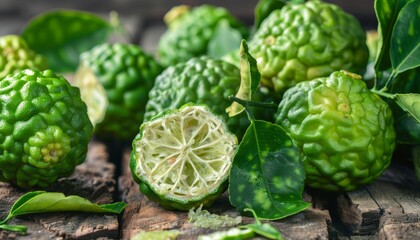 Obraz premium Ingredients for health and beauty products Kaffir limes and fresh bergamot on a wooden table