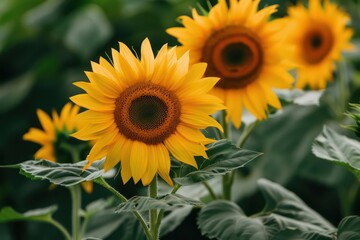 Fototapeta premium Bright sunflowers standing tall in a garden, isolated with room for text on a clean backdrop
