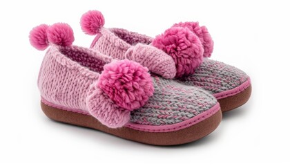 Isolated pair of warm pink slippers for girls in a woolen house design on a white background
