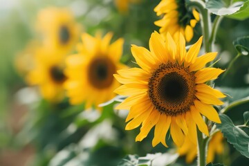 Fototapeta premium Bright sunflowers standing tall in a garden, isolated with room for text on a clean backdrop