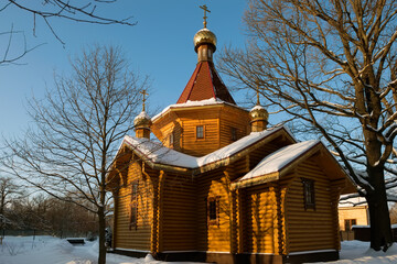 Wooden Church of the Holy Prince Alexander Nevsky in Lianozovo on a winter day, Moscow