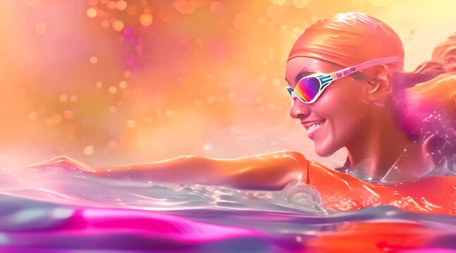 Female swimmer in water, side view, Olympic Games Paris concept, sparkling droplets background