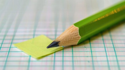 Green pencil and sticky note on grid paper