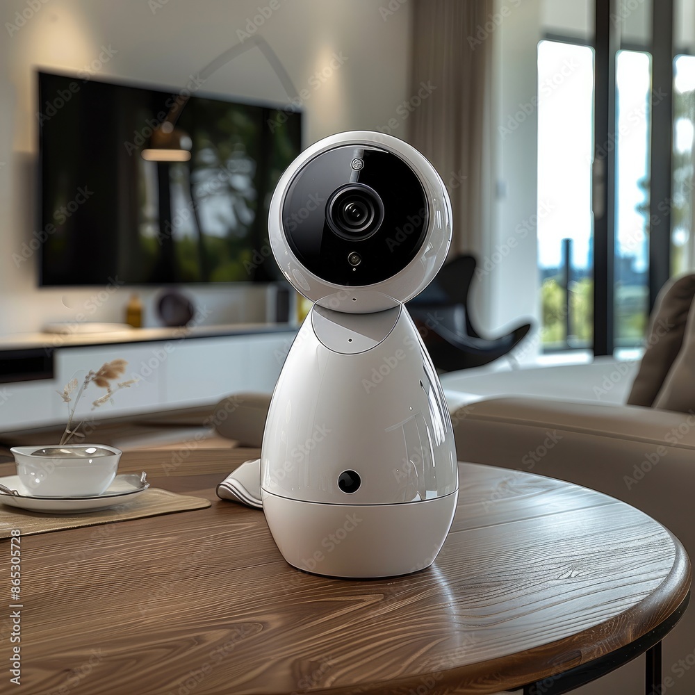 Aufkleber an indoor security camera. the camera placed on a modern table in a contemporary-style house. genera