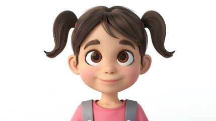 A cartoon girl with brown hair and freckles in pigtails.