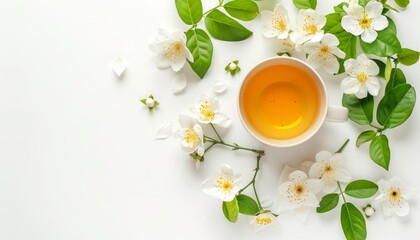 Jasmine tea with creative composition and fresh flowers isolated on white background representing alternative medicine concept Top view flat lay Design element