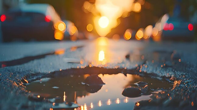 Close up of pothole filled with water on city street at sunset. Blurred cars and trees in background