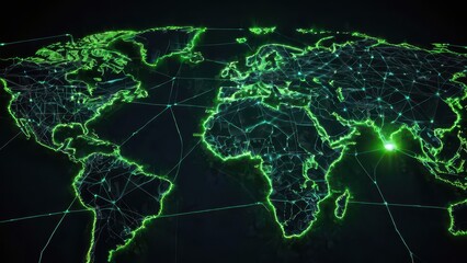 A futuristic illustration of a world map with glowing digital connections with green light representing global network and technology communication