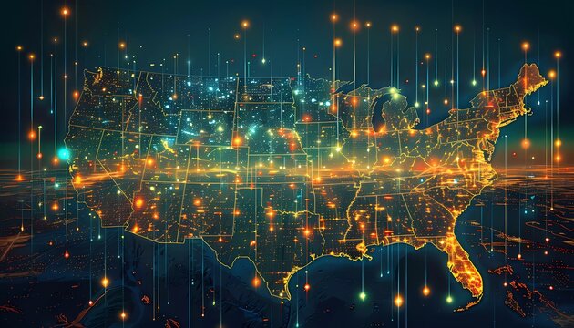IoT in Smart Cities Across North America, digital map of the USA with IoT icons integrated into urban infrastructure like smart streetlights and traffic systems,