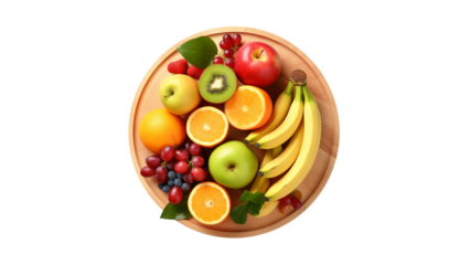 Fruits on wooden plate top view cutout