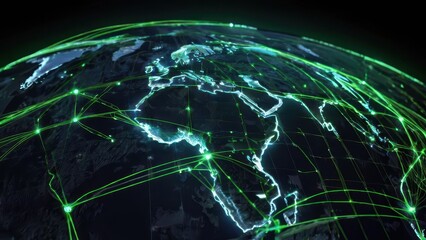 A futuristic illustration of a world map with glowing digital connections with green light representing global network and technology communication