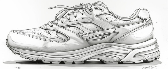 A detailed pen and ink drawing of a white running shoe with a thick sole and laces. The shoe is drawn from the side, with the laces tied and the sole showing intricate details.