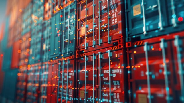 A stack of shipping containers with digital data on the computer screen, blue background, red and white container colors, blue and black color palette, digital marketing concept. Generative AI.
