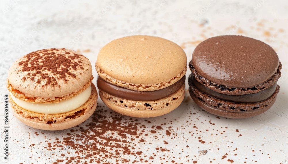 Sticker macarons with chocolate caramel and vanilla on a pale backdrop