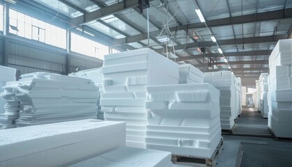 Obraz premium Manufacturing polystyrene foam insulation panels from Styrofoam blocks in a warehouse for construction purposes