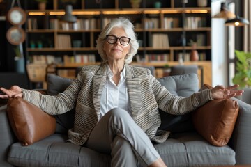 Obraz premium Senior Woman Meditating on Couch in Home Office