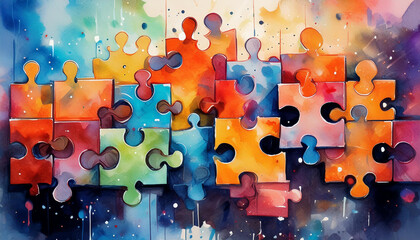 Interlocking puzzle pieces with a watercolor texture, symbolizing connection and diversity in a colorful, abstract design.
