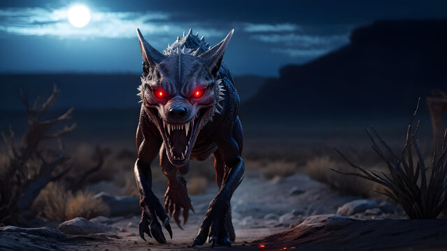 Chupacabra, with reptilian features and glowing red eyes, prowls through a desolate, moonlit desert