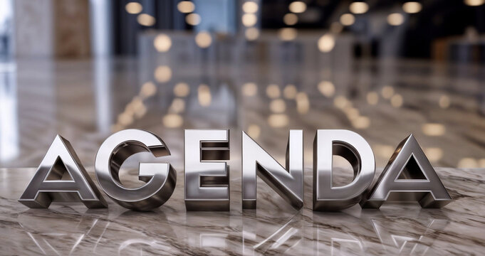 3d illustration render close-up of a metallic word text AGENDA on a reflective surface, with a blurred background of lights, suggesting a presentation or meeting setting