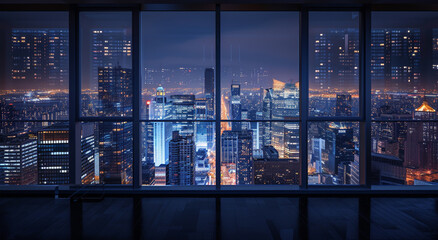 An empty room through a large window overlooks the city at night, illuminated by the bright lights of skyscrapers.