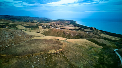 Heraclea Minoa. Sunset Magic on the Sicilian Coast. Sunset drone view