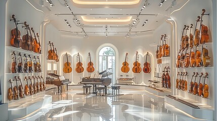 A complete, magnificent, luxurious musical instrument shop with a bright room with white walls. Generative AI.
