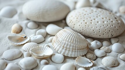 White stones and shell beads are displayed on a surface