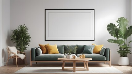 Frame mockup, ISO A paper size. Living room wall poster mockup. Interior mockup with house background. Blank poster frame mockup with minimalist sofa interior ,3D render