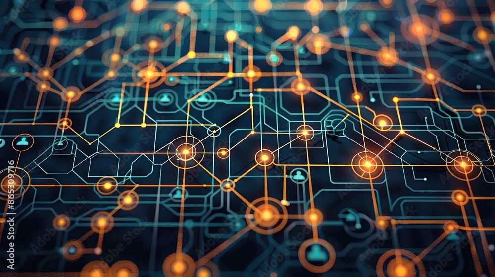 Poster Design a visual that seamlessly blends the theme of people management and HR systems with the intricate aesthetics of electrical circuits. a network of interconnected. Generative AI.