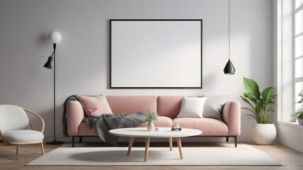 Frame mockup, ISO A paper size. Living room wall poster mockup. Interior mockup with house background. Blank poster frame mockup with minimalist sofa interior ,3D render