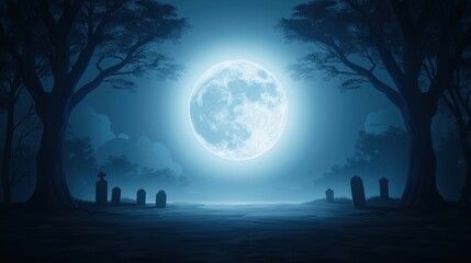 Fototapeta premium Mystical full moon night in a forest with tombstones, creating an eerie, haunted atmosphere illuminated by the bright moonlight. halloween festival