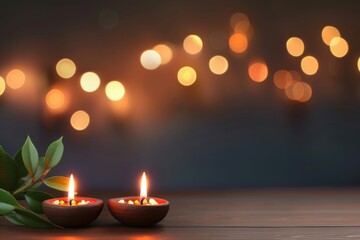 Two lit candles in brown holders with out-of-focus festive lights in the background create a warm, serene ambiance. Indian festival diwali day.
