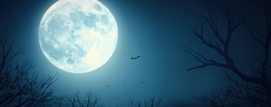 A silhouetted bat flies against a radiant full moon at night, amidst haunting barren trees creating a spooky and atmospheric scene. Halloween scene