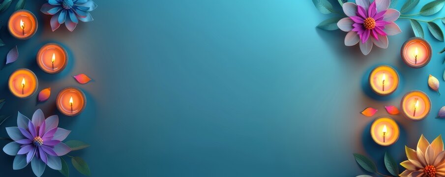 festive blue background with colorful candles and flowers. Ideal for celebrations, greeting cards, and artistic designs. Indian festival diwali day.