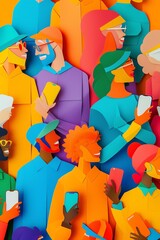 A group of diverse people of all ages are using their smartphones. The people are depicted in a colorful and abstract style.