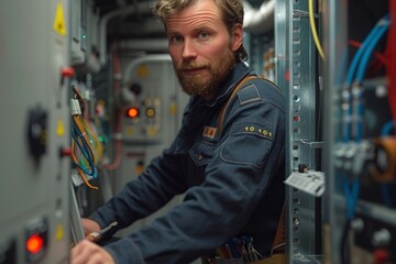 A skilled technician working on electrical panels, highlighting expertise and technical proficiency in a high-tech environment.

