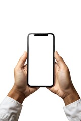 A person holding a black iPhone in their hands. The person is wearing a white shirt. The iPhone is held vertically. The screen is blank.