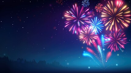 Colorful fireworks illuminating the night sky with vibrant bursts of red, blue, and pink, celebrating a festive occasion. Bastille day, July 14th national day