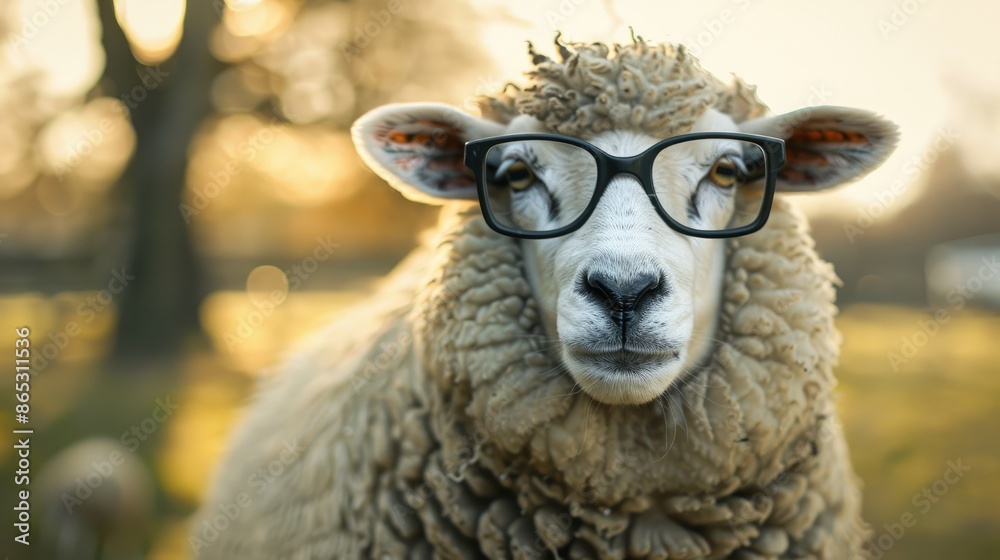 Canvas Prints sheep wearing glasses posing for camera with blurred background