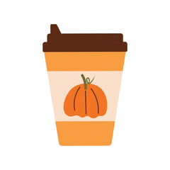 Pumpkin latte in a paper glass. Hand drawn autumn drink isolated on transparent background.