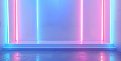 Minimal room interior with abstract background, a blue wall and bright white neon lines.