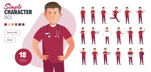 Simple flat male nurse man vector character in a set of multiple poses. Easy to edit and isolated on a white background. Modern trendy style character mega pack with lots of poses.	
