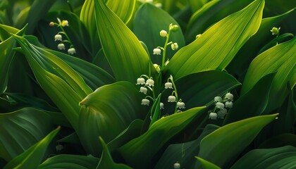 Obraz premium A beautiful close-up photograph of a lily of the valley flower in full bloom against a blurred background of green leaves.