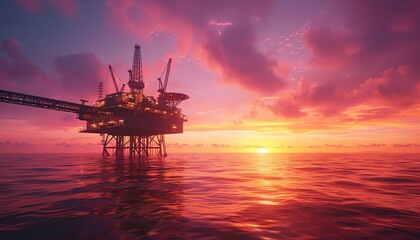 An oil rig in the middle of the ocean at sunset.