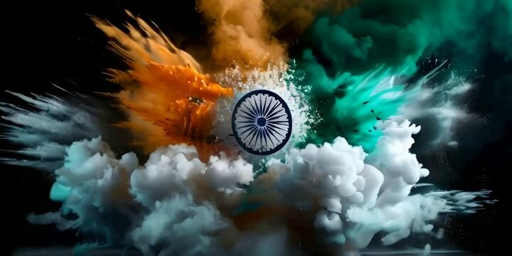 Tricolor smoke bomb emitting colors of the Indian flag against a stark black background symbolizing patriotism and celebration